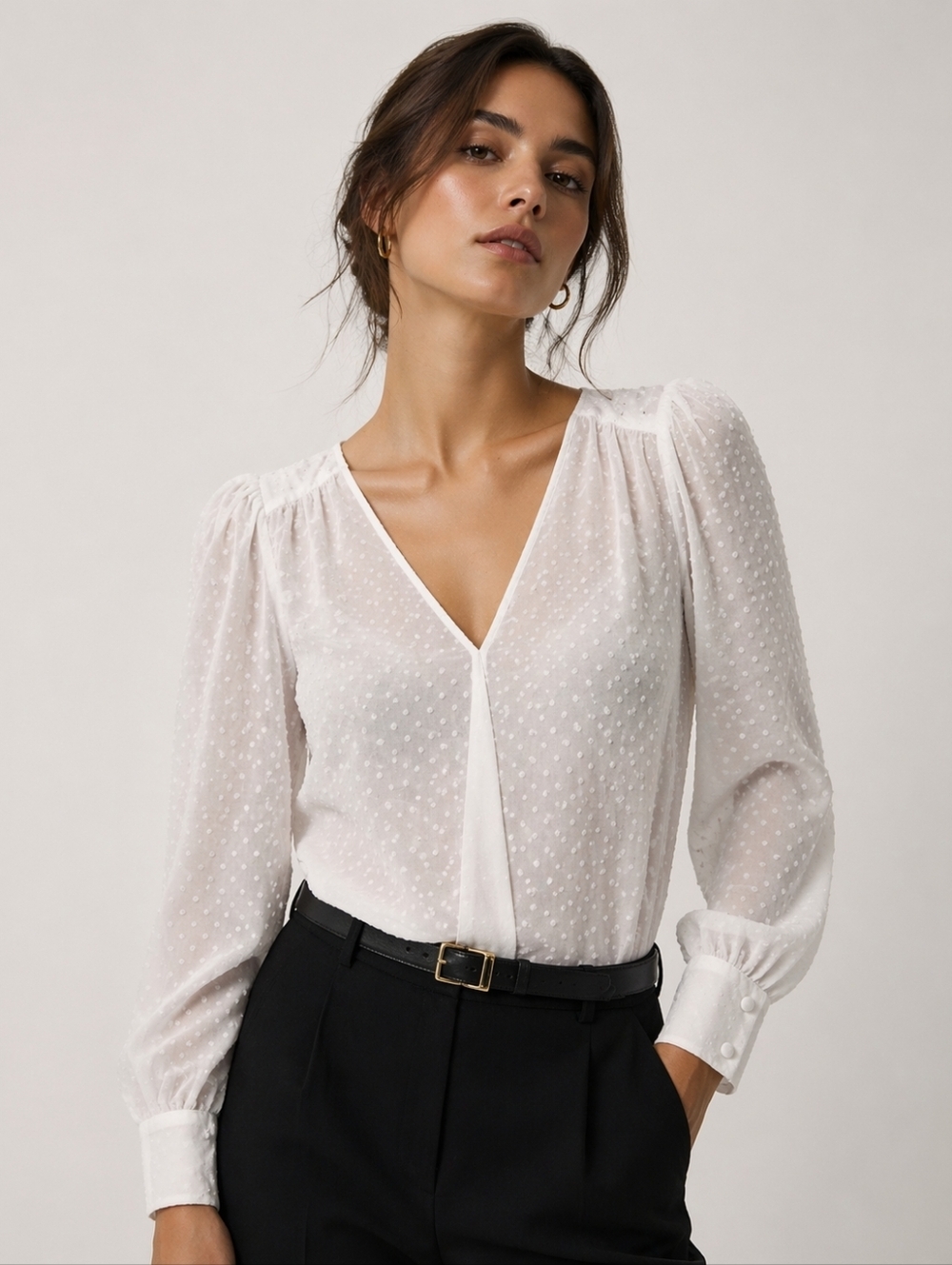 SALE -- H&M White Swiss Dot Sheer Blouse Long Sleeve V-Neck Top Women's Small - Picture 1 of 10